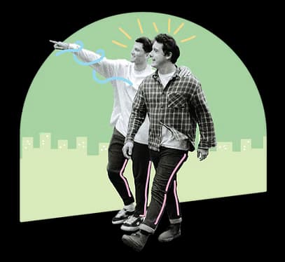 Two men walking forward with city skyline and decorative elements