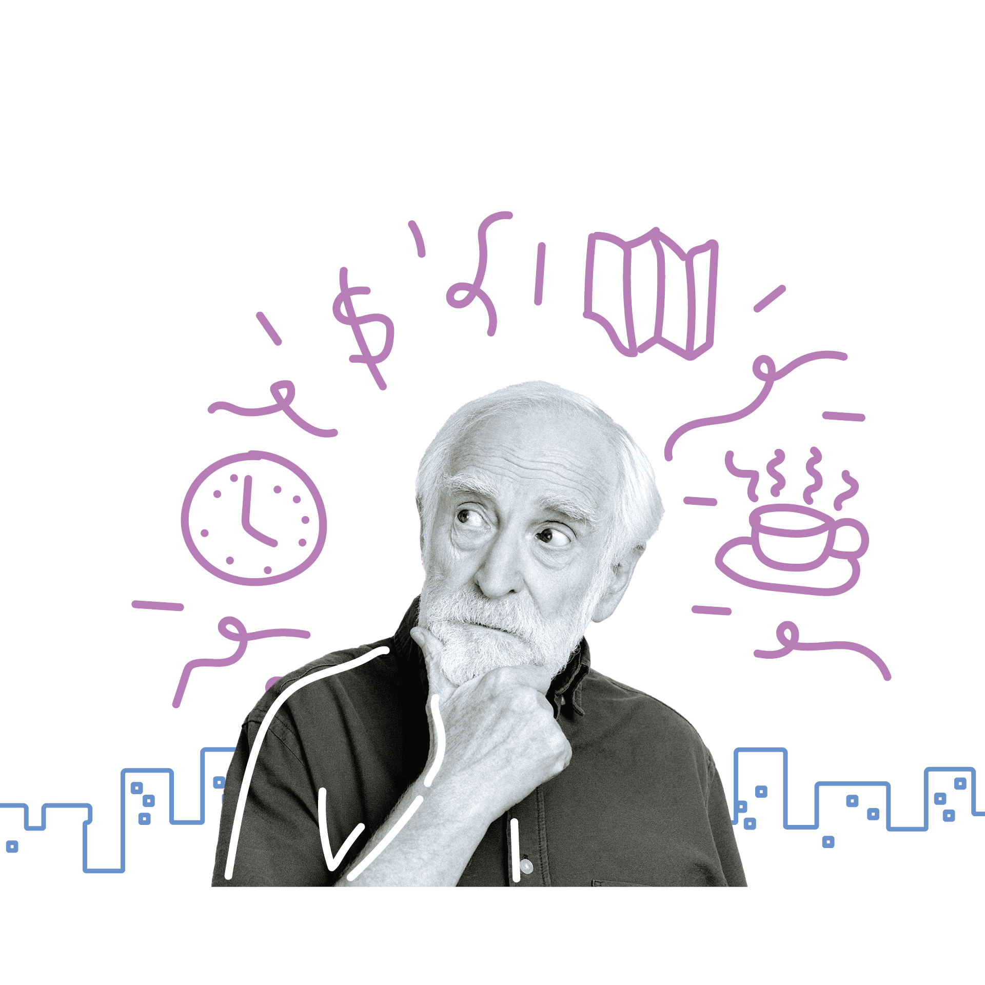 Older person thinking with playful doodles around