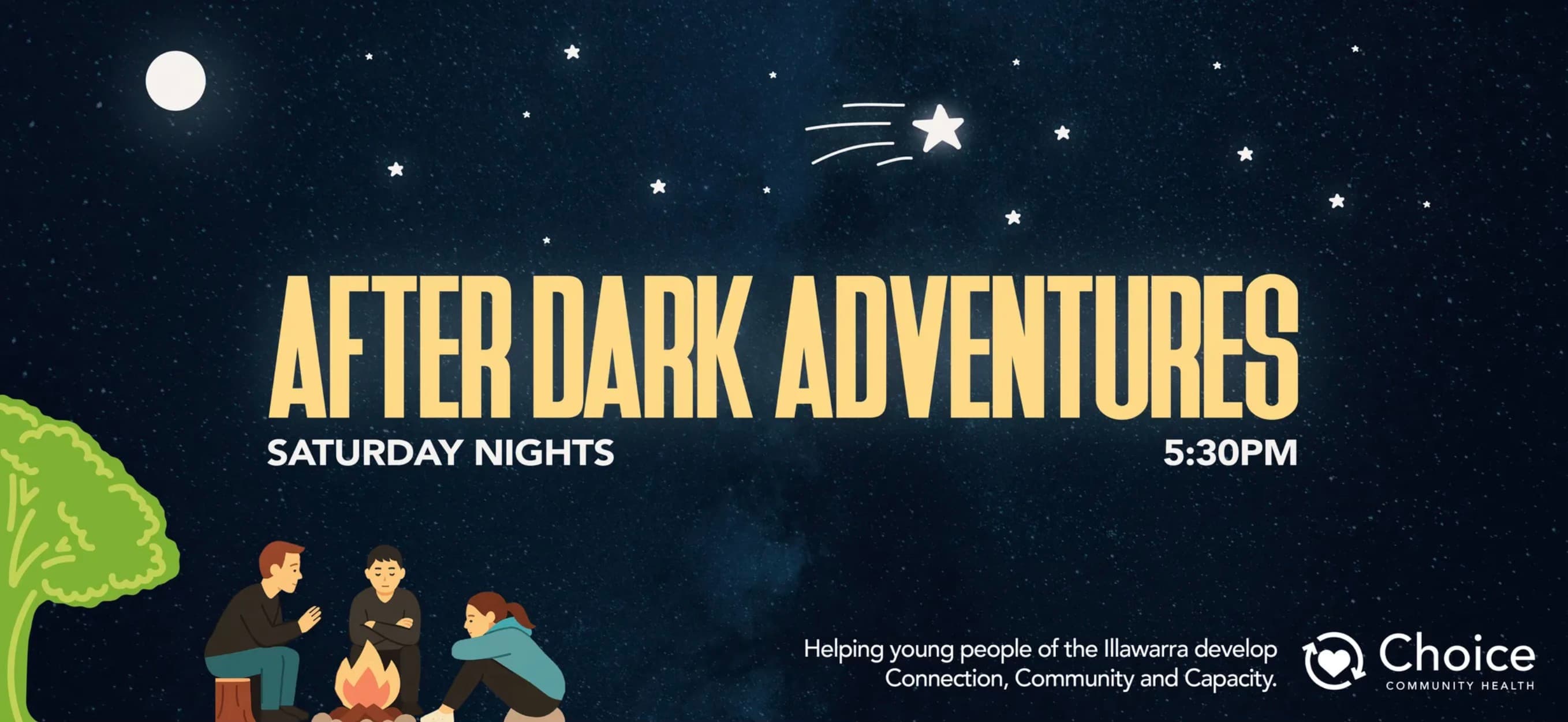 Friends gathered around a campfire under the night sky